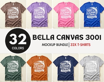 Bella Canvas 3001 T-shirt platliggend mockupbundel, BC 3001 T-shirt platliggend mock-upbundel, echt product minimaal eenvoudig basisachtergrond