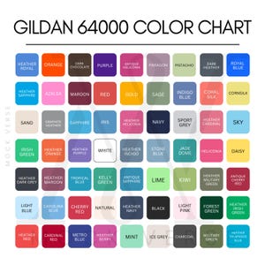 May include: A color chart for Gildan 64000 t-shirts, featuring a grid of color swatches with names like "Heather Royal," "Orange," and "Dark Chocolate." The chart displays a wide range of hues, from pastels to deep tones.
