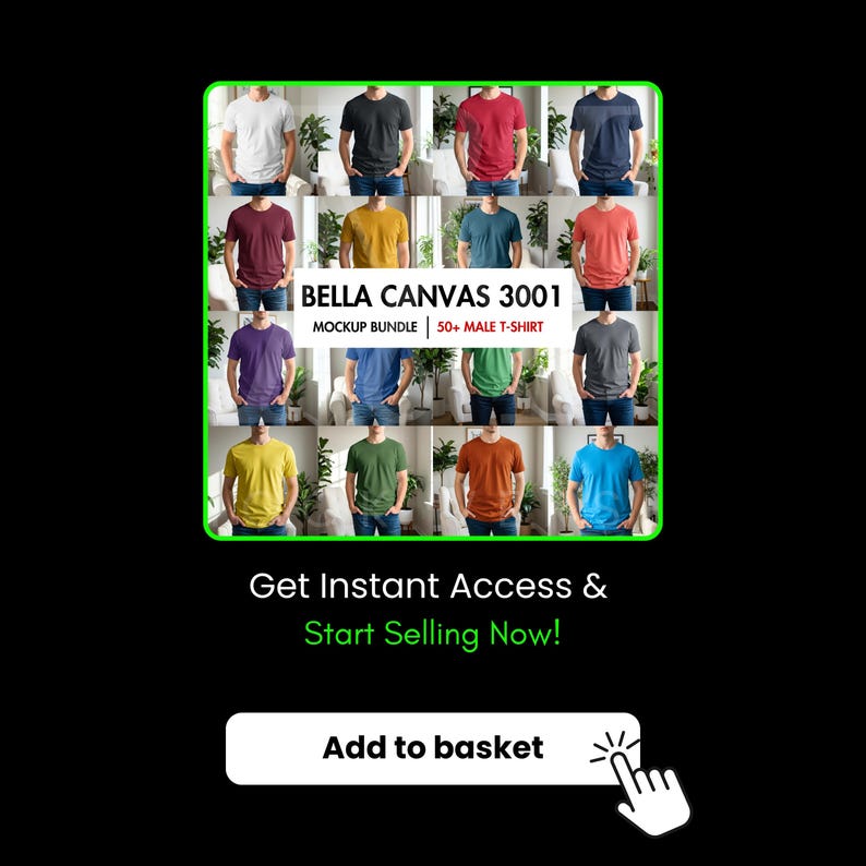 Pu&ograve; includere: Un pacchetto di mockup Bella Canvas 3001 con una griglia di 16 magliette in vari colori solidi indossate da individui. Il testo recita Bella Canvas 3001 Mockup Bundle 50+ Male T-Shirt, Get Instant Access & Start Selling Now!