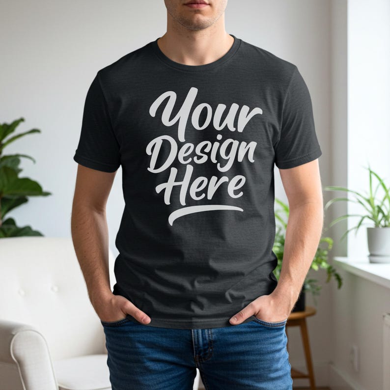 Pu&ograve; includere: Una t-shirt a maniche corte grigio antracite scuro con la scritta bianca Your Design Here stampata in un carattere corsivo in grassetto sul petto. Il capo presenta un classico girocollo e una vestibilit&agrave; standard, abbinato a jeans blu.