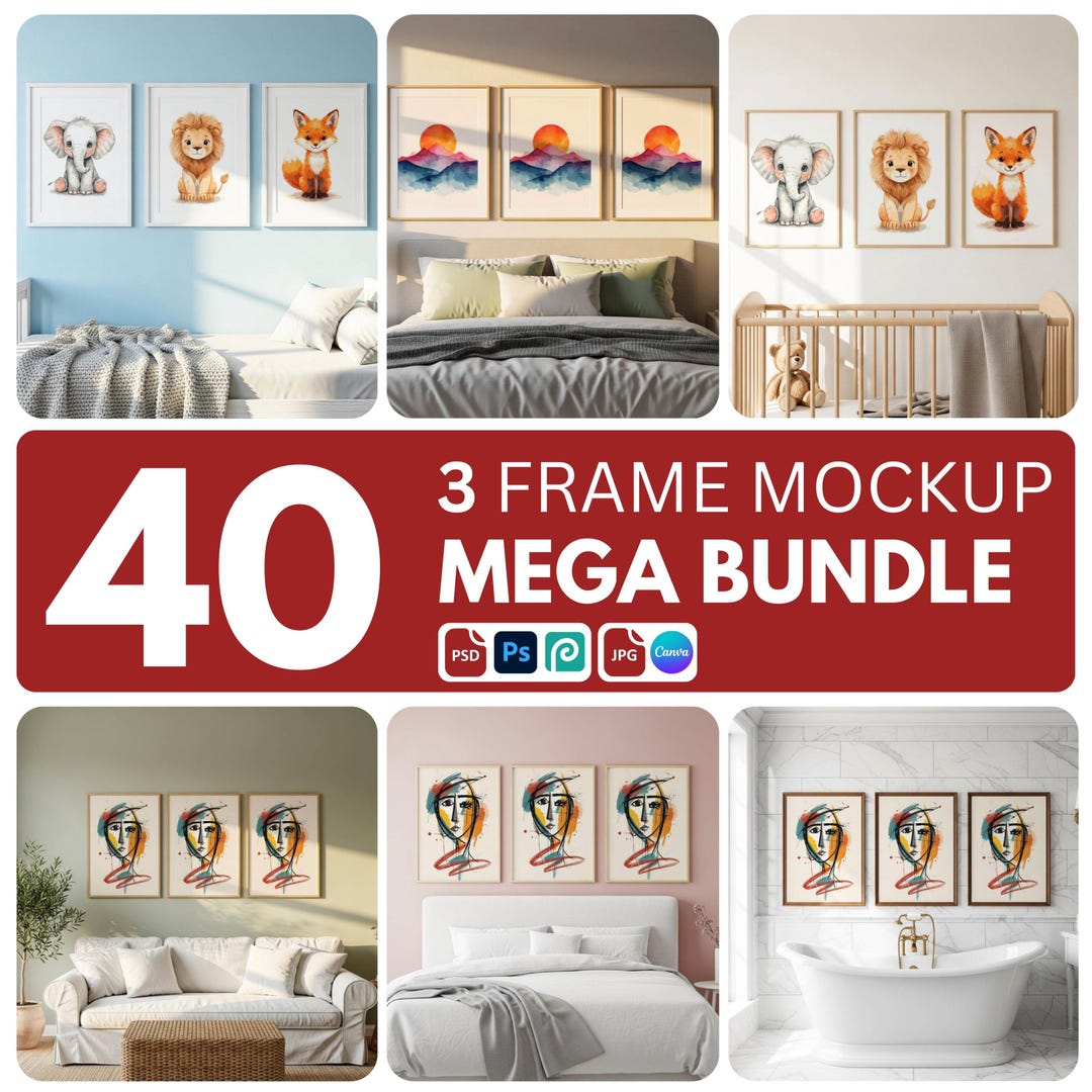 3 Frame Set Wall Art Mockup PSD Bundle, Home Interior, Three Frame ...