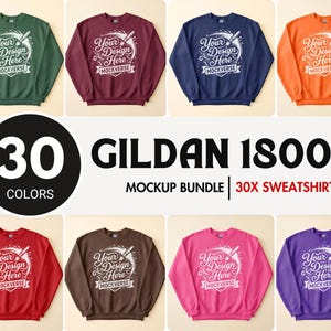 以下が含まれることがあります： 緑、バーガンディ、ネイビーブルー、オレンジなど、さまざまな色のGildan 18000スウェットシャツのモックアップバンドル。各スウェットシャツには「Your Design Here」と「Mockverse」というデザインが施されています。画像には「30 Colors」と「30x Sweatshirt」という文字も表示されています。