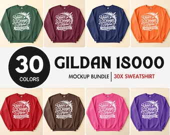 30X Gildan 18000 Sweatshirt Mockup Bundle, G180 Crewneck Flat Lay Unfolded Mock-Up,  Flatlay Simple Minimal Basic Solid Plain Background