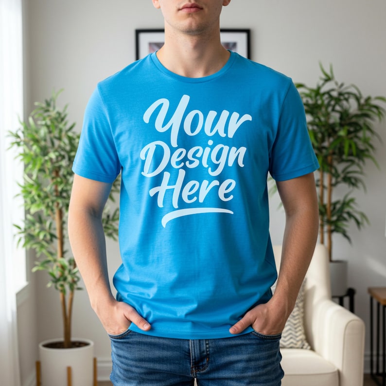 Pu&ograve; includere: Una t-shirt a maniche corte di colore blu brillante con la scritta bianca Your Design Here stampata in un audace carattere corsivo sul petto. Il capo presenta un classico girocollo ed &egrave; indossato con un paio di jeans blu dal taglio semplice.