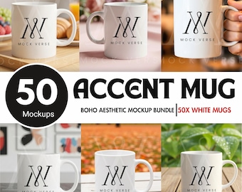 50+ Akzentbecher Mockup Bundle Boho Cup Mockup Ästhetischer Becher Mockup, Becher MockUps Griff Kaffeetasse Mockup Bundle, weißes Becher Mockup 11 Unze