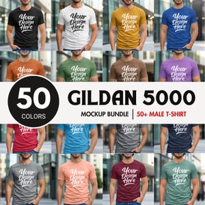 Herr Gildan 5000 T-shirt mockup-paket, Trendig neutral bohemisk estetik, Gildan 5000 mockup-paket, Riktig manlig modell mockup-paket