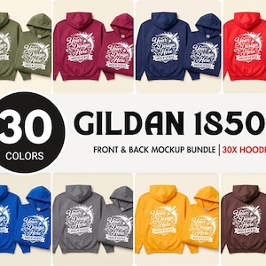 May include: A bundle of Gildan 18500 hoodies in 30 colors, featuring front and back views with a white graphic print that reads Your Design Here Mockverse. The collection includes olive, maroon, navy, red, blue, gray, yellow, and brown hooded sweatshirts.