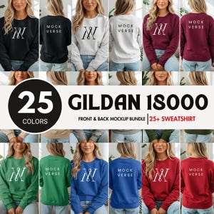 Puede incluir: Una colección de sudaderas de cuello redondo Gildan 18000 en 25 colores, mostradas de frente y de espaldas. Cada sudadera presenta un logotipo blanco o negro con el texto MOCK VERSE. El conjunto incluye varios colores sólidos.