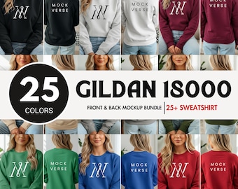 Gildan 18000 Sweatshirt Mockup Bundle, G180 Crewneck Front & Back Split View Mockups,Real Model Oversized Minimal Dual Detail Set Bundle