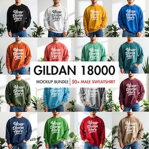 May include: A mockup bundle of Gildan 18000 sweatshirts in various colors, each featuring the text "Your Design Here." The image showcases a range of hues, including black, white, gold, blue, orange, red, green, and gray. The sweatshirts are displayed on a model.