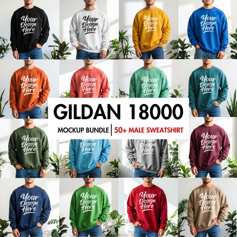 Mockup bundle of Gildan 18000 men's crewneck sweatshirts featuring real male models in various colors, perfect for POD sellers and digital creators to showcase custom designs.
