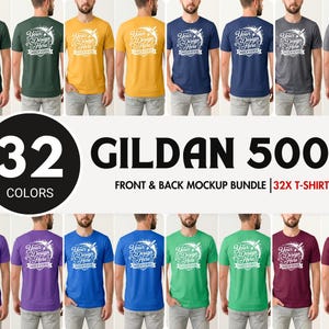 May include: A bundle of Gildan 5000 t-shirts in 32 colors, shown from the back. Each shirt features a white graphic print with the text Your Design Here Mockverse. The collection includes various solid colors like green, yellow, blue, and gray.