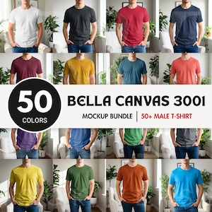 Pu&ograve; includere: Una collezione di magliette Bella Canvas 3001 in oltre 50 colori, caratterizzate da maniche corte e scollo rotondo. Il pacchetto di mockup mostra varie magliette a tinta unita abbinate a jeans blu, presentando una gamma versatile di capi.