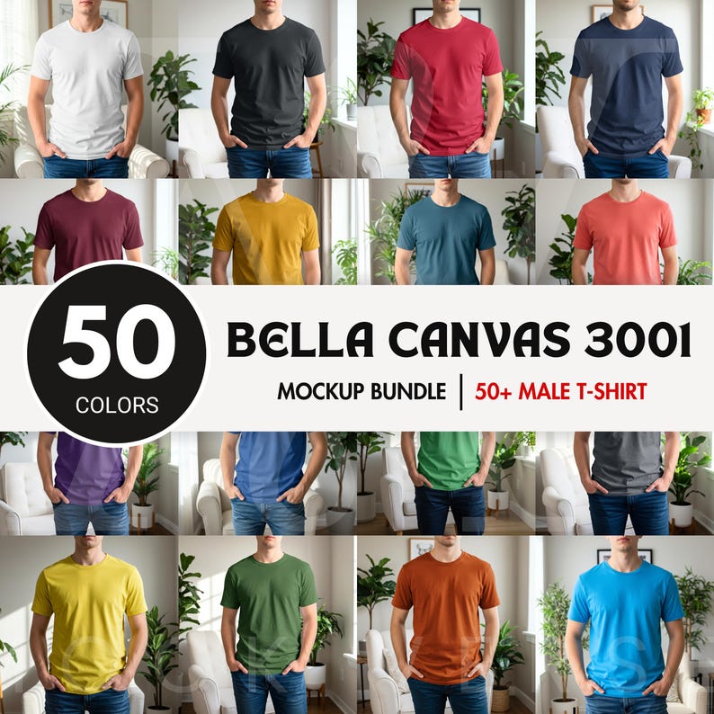 Pu&ograve; includere: Una collezione di magliette Bella Canvas 3001 in oltre 50 colori, caratterizzate da maniche corte e scollo rotondo. Il pacchetto di mockup mostra varie magliette a tinta unita abbinate a jeans blu, presentando una gamma versatile di capi.