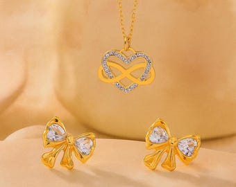 Gold Infinity Heart Bow Jewelry Set | 18K Gold Plated Titanium Steel Earrings & Necklace | Zircon Rhinestone Women's Gift