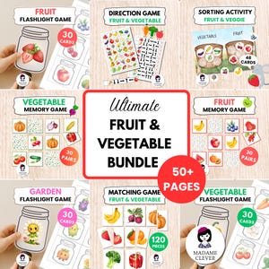 May include: A collection of educational fruit and vegetable games. The bundle includes a variety of activities such as flashlight games, memory games, and matching games. The games feature colorful illustrations of fruits and vegetables, with the text "Ultimate Fruit & Vegetable Bundle" and "50+ Pages".