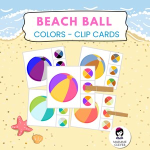 Schede con clip per i colori dei palloni da spiaggia / Riconoscimento e abbinamento dei colori stampabili / Attività divertente per bambini / Abilità visive prescolari / Download PDF
