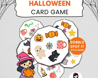 May include: A Halloween-themed card game with octagonal cards featuring spooky illustrations. The cards display images of pumpkins, candy, cats, and other Halloween icons. The game is labeled "Halloween Card Game" and "Dobble Spot It Style Game."