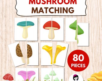 May include: A mushroom matching game with 80 pieces. The game features colorful illustrations of various mushrooms, including red, green, and yellow varieties. The text "Mushroom Matching" is displayed at the top.