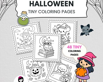 May include: A collection of Halloween-themed tiny coloring pages. The pages feature illustrations of a witch, owl, mouse, cat, and jack-o'-lantern. The cover reads "Halloween Tiny Coloring Pages" and includes a cartoon of a girl holding a pumpkin. The set includes 48 pages.