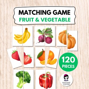May include: A matching game featuring watercolor illustrations of fruits and vegetables. The game includes 120 pieces and features images of bananas, beets, pumpkins, strawberries, oranges, broccoli, and red bell peppers. The game is labeled "Matching Game Fruit & Vegetable".