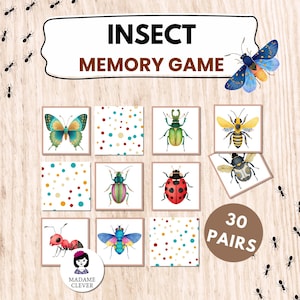 May include: Insect Memory Game featuring 30 pairs of cards with colorful insect illustrations. The cards include butterflies, beetles, bees, and ants. The game's title is displayed in brown text on a white background, with a decorative butterfly.