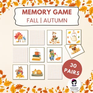 May include: A fall-themed memory game with illustrated cards featuring autumn elements like a house, animals, and a teapot. The game includes 30 pairs and the text "Memory Game Fall | Autumn".