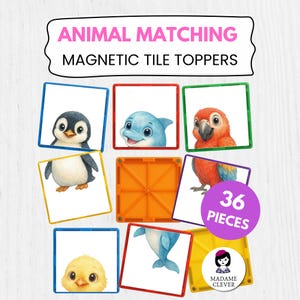 Könnte beinhalten: Tier-Matching-Magnetfliesen-Topper mit Illustrationen eines Pinguins, Delfins, Papageis, Küken und Wals. Das Set enthält 36 Teile. Der Text auf dem Bild lautet "ANIMAL MATCHING MAGNETIC TILE TOPPERS".