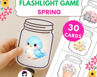 May include: A set of 30 spring-themed Flashlight Game cards. The cards feature illustrations of a blue bird, ladybug, bee, and flowers in mason jars. The game title is displayed in green and pink text.