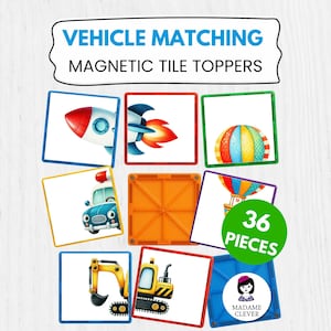 May include: Vehicle matching magnetic tile toppers set. The set includes 36 pieces with colorful illustrations of vehicles like a rocket, police car, and excavator. The tiles are square with a white background and a colored border.