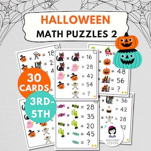 May include: A set of 30 Halloween Math Puzzles 2 cards for 3rd-5th grade students. The cards feature colorful illustrations of pumpkins, black cats, ghosts, mummies, and candy, with multiplication equations and missing values to solve.