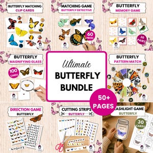 May include: A collection of butterfly-themed educational games and activities. The image showcases various games, including matching, memory, and pattern recognition, with colorful butterfly illustrations. The bundle includes over 50 pages of learning materials.