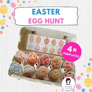 May include: A cardboard egg box containing decorated Easter eggs. The eggs feature diverse designs, such as stripes, floral patterns, and fruit illustrations. The image includes the text "EASTER EGG HUNT" and a pink circle with "4x TEMPLATES".