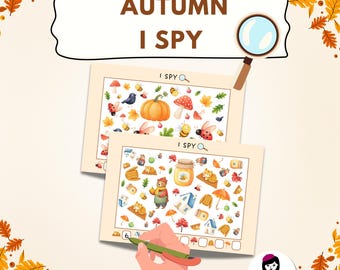 May include: Two "Autumn I Spy" activity sheets with fall-themed illustrations, including pumpkins, bees, and leaves. A hand holds a pen, ready to circle items. The image is decorated with autumn leaves.