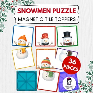 Peut inclure: Un ensemble de toppers de tuiles magnétiques avec un puzzle de bonhomme de neige. L'image montre neuf tuiles carrées avec des cadres colorés et des illustrations de bonhommes de neige portant des chapeaux et des écharpes. Le texte "SNOWMEN PUZZLE MAGNETIC TILE TOPPERS" est en haut.