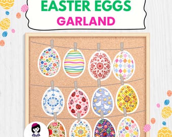 Afdrukbare paaseierenlinger | Klasdecoratie lente Pasen | Banner kinderkamer | Voorjaarsactiviteiten voorschoolse opvang | Lente paasdecoratie