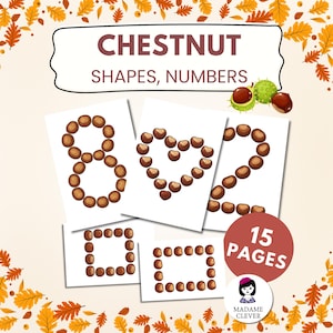 Könnte beinhalten: Lehrreiche Druckvorlagen mit Kastanienformen und -zahlen. Die Zahl 8, ein Herz und die Zahl 2 sind mit Kastanien gebildet. Der Text "CHESTNUT SHAPES, NUMBERS" steht oben. Ein Kreis mit dem Text "15 PAGES" befindet sich unten.