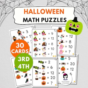 Könnte beinhalten: Ein Set aus 30 Halloween-Mathe-Rätselkarten für Schüler der 3. und 4. Klasse. Die Karten zeigen bunte Illustrationen von Hexen, Geistern, Kürbissen, Totenköpfen und Süßigkeiten mit Multiplikationsaufgaben. Der Text lautet HALLOWEEN MATH PUZZLES.