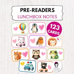 Op de afbeelding: Een set van 123 lunchboxnotities voor pre-lezers, met kleurrijke illustraties van dieren, voertuigen en harten. De notities bevatten een heteluchtballon, een pinguïn, een kat, een roodborstje, een egel, een eekhoorn, een uil, een kikker, een politieauto en een beer.