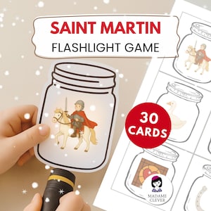 May include: A Saint Martin Flashlight Game with 30 cards. The game features illustrations of Saint Martin in a jar, a child holding a flashlight, and other images. The text "SAINT MARTIN FLASHLIGHT GAME" is at the top.