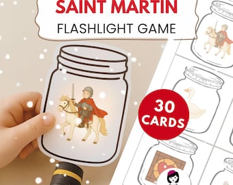 Peut inclure: Jeu de la lampe de poche Saint Martin avec 30 cartes. Le jeu présente des illustrations de Saint Martin dans un bocal, un enfant tenant une lampe de poche et d'autres images. Le texte "SAINT MARTIN FLASHLIGHT GAME" est en haut.