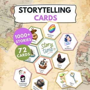 Könnte beinhalten: Ein Set aus 72 sechseckigen Erzählkarten mit Illustrationen von Kompass, Regenbogenstein, Meerjungfrau, Wüsteninsel, Piratenschiff, Henne, Astronaut, Madame Clever, Kessel, Dinosaurier und Schlüssel, inklusive dem Text STORYTELLING CARDS und 1000+ STORIES.