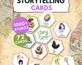 Puede incluir: Un conjunto de 72 tarjetas hexagonales para contar historias con ilustraciones de una brújula, piedra arcoíris, sirena, isla desierta, barco pirata, gallina, astronauta, Madame Clever, caldero, dinosaurio y llave, con el texto STORYTELLING CARDS.