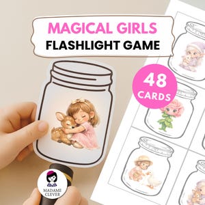 May include: A children's flashlight game with the text "MAGICAL GIRLS FLASHLIGHT GAME". The game includes 48 cards, each featuring a jar design with illustrations of magical girls and animals. One card shows a girl hugging a fawn.