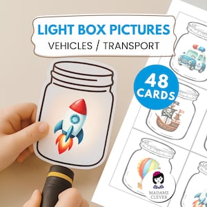 May include: A set of light box pictures featuring vehicles and transport themes. The image shows a rocket ship inside a jar, with a child's hand holding the jar. The set includes 48 cards.