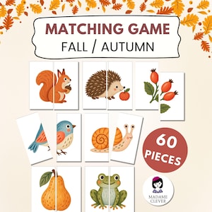 Pode incluir: Um jogo de correspondência intitulado MATCHING GAME FALL / AUTUMN com 60 peças. Os cartões exibem ilustrações de um esquilo, ouriço, frutos de roseira, pássaro, caracol, pera e sapo. Um emblema circular exibe o texto MADAME CLEVER.