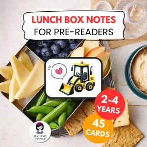 Op de afbeelding: Een lunchbox gevuld met kaas, bosbessen, appelschijfjes en peultjes. De afbeelding bevat een cartoon van een gele bulldozer met een hart en de tekst "LUNCH BOX NOTES FOR PRE-READERS", "2-4 YEARS" en "45 CARDS".