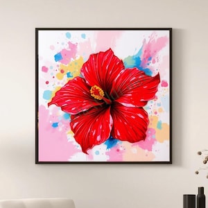 Impression d&#39;art murale carrée fleur d&#39;hibiscus | Oeuvre d&#39;art botanique audacieuse, décoration florale vibrante pour le salon, le bureau à domicile ou un cadeau