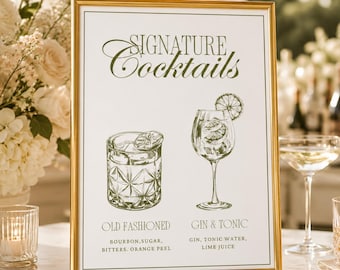 Modello di insegna per bevande esclusive color verde oliva, menu del bar per matrimoni in stile old money, modello Canva per menu cocktail, bevande per lui e per lei, menu del bar stampabile
