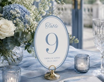 Dusty Blue Wedding Table Numbers Template, Editable Canva Table Sign, Old Money Wedding Decor, Luxury Oval Wedding Reception Numbers Decor